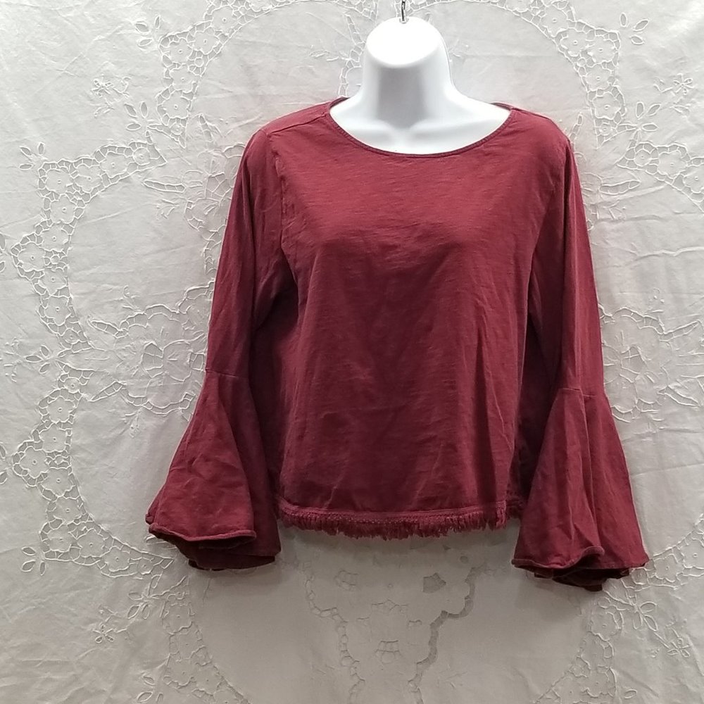 F and F Cotton Wine Midriff Bell Sleeve w/fringe